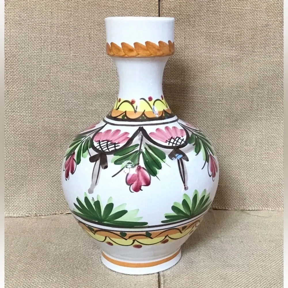 Hand Painted Bulbous Shabby Floral Vase Folk Art Pottery Cottage Core Colorful